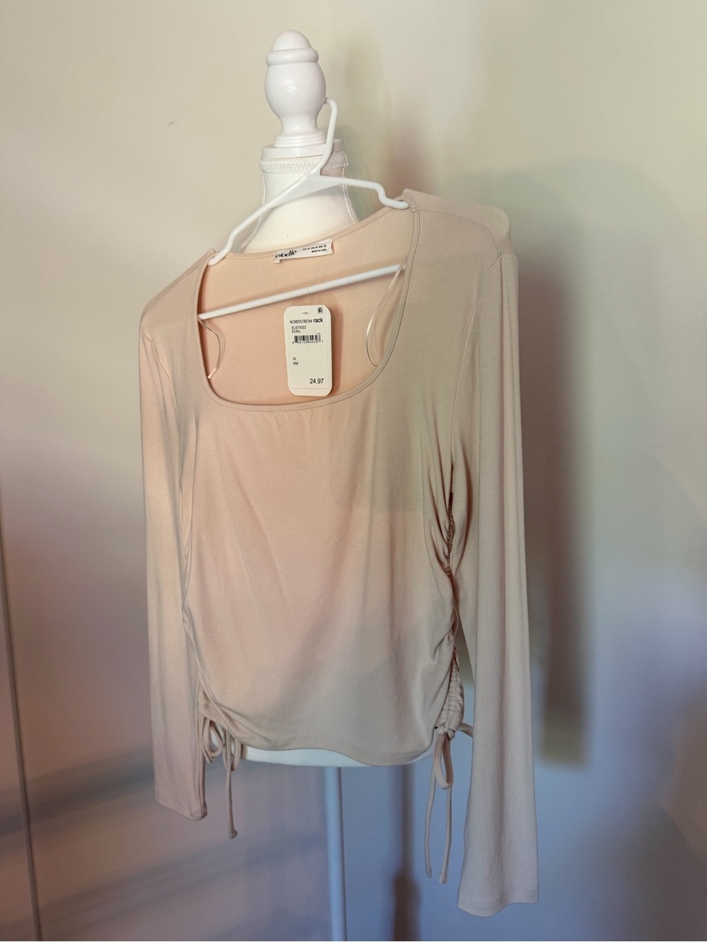 Elodie Blush Long-Sleeve Scoop Neck Top with Side Drawstrings
